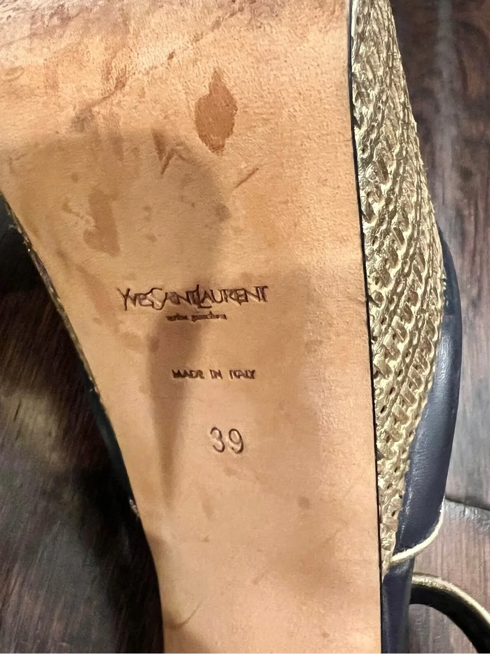 Yves Saint Laurent Black and Gold Woven Platform Sandals
